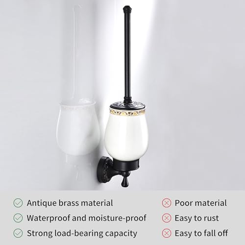 Oil Rubble Bronze Brass Bath Toilet Brush Holder Set, Wall Mounted Black Bathroom Hardware Accessories, Pattern Carving Design - color: Toilet Brush Holder Set