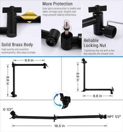 G-Promise 18 Inch Shower Extender with 6 Inch Arm and Flange(Matte Black) | Solid Brass Construction, Height and Angle Adjustable, Standard Connection Thread, All Installation Tools Included - color: Matte Black, style: 18 Inch
