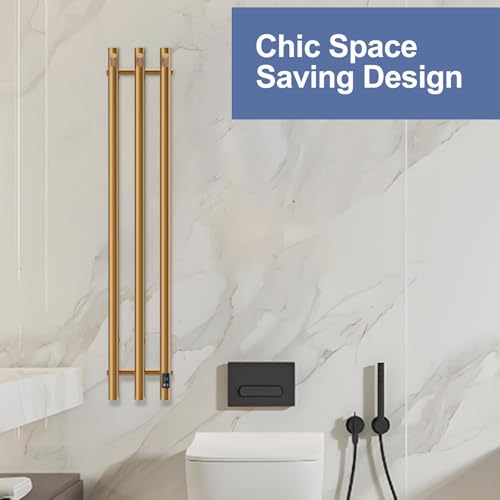 Electric Heated Towel Rack with Timer, Wall-Mounted Towel Warmer, 3 Vertical Bars, Plug-in or Hardwired, 37.4 Inch Height, Round Design (Gold) - color: Gold