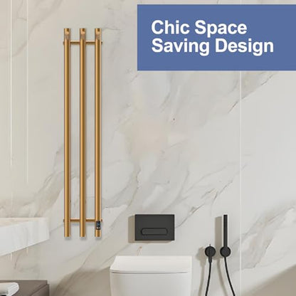 Electric Heated Towel Rack with Timer, Wall-Mounted Towel Warmer, 3 Vertical Bars, Plug-in or Hardwired, 37.4 Inch Height, Round Design (Gold) - color: Gold