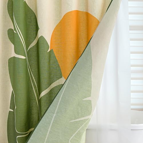 Tropical Leaves Linen Boho Shower Curtain Set with Liner,72" Wx72 L | Double Layer Shower Curtain Waterproof Fabric with Zippered Removable PEVA Liner,Boho Shower Curtain for Bathroom,Free Hooks - color: Banana Leaf