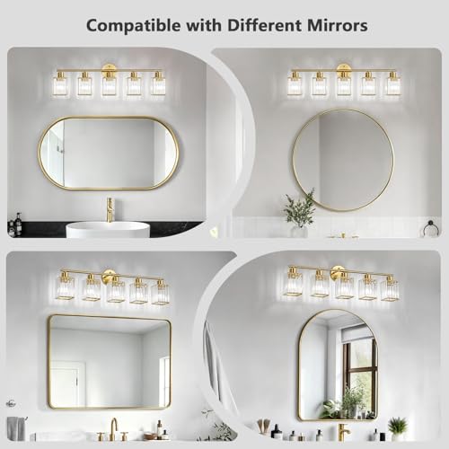 5 Light Bathroom Light Fixtures, Modern Crystal Vanity Lights over Mirror | Metal Frame, Bathroom Light with Square Crystal Shade, ETL Certified, E26 Ceramic Socket, Bulbs Not Included - color: Gold, size: 5-Light