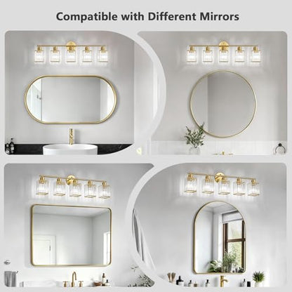 5 Light Bathroom Light Fixtures, Modern Crystal Vanity Lights over Mirror | Metal Frame, Bathroom Light with Square Crystal Shade, ETL Certified, E26 Ceramic Socket, Bulbs Not Included - color: Gold, size: 5-Light