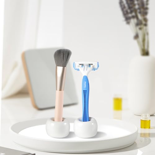 SheeChung Small Ceramic Toothbrush Holders, Mini Tooth Brush Stand, 2 Pack | White Cute Toothbrush Organizer, for Bathroom Countertop, Travel, Camper, Modern, Minimalism, Space-Saving, No-Slip Bottom - color: White