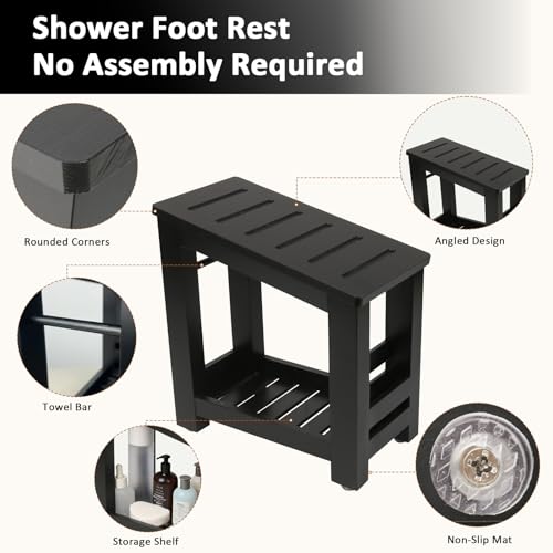 Bamboo Shower Foot Rest Stool for Shaving Legs & Pedicure, Non-Slip Bathroom Foot Step with Storage Pocket, Solid & Water-Resistant,Natural (Black) - color: Black
