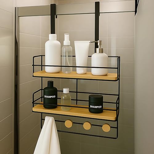 Over-the-Door Shower Caddy, Large 2-Tier Wooden Hanging Shower Shelves