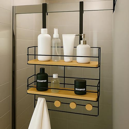 Over-the-Door Shower Caddy, Large 2-Tier Wooden Hanging Shower Shelves