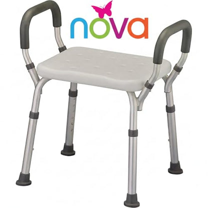 NOVA Bath & Shower Seat with Padded/Removable Arms - for Seniors, Handicap & Medical Use, Adjustable Height, Aluminum Frame, Non-Skid Safety, Tool-Free Assembly, 300lb Capacity