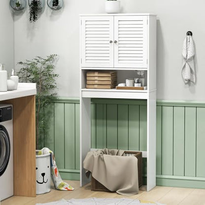 Tangkula Over The Toilet Storage Cabinet, Above Toilet Bathroom Shelf w/Double Doors & Adjustable Shelf, Freestanding Toilet Shelf Space Saver w/Anti-Tip Kits & Adjustable Bottom Bar, 63" H (White)