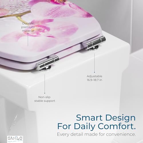 SANILO Wooden Toilet Seat with Soft Close [ROUND] - Decorative, Quiet & Slow Close Molded Wood Seat - With Strong Bumpers & Hinges - Adjustable Fit – Blooming - color: Blooming