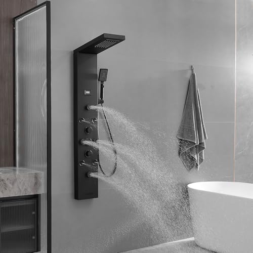 Shower Panel, Rainfall Handheld & 5 Body Jets, Black | Stainless Steel, Multi-Function Shower Tower System, Handheld Shower Wand Tub Spout and Rainfall Head, Temperature Display - color: Black, style: LED Shower Panel