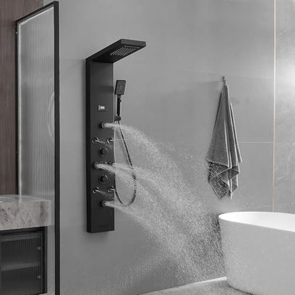 Shower Panel, Rainfall Handheld & 5 Body Jets, Black | Stainless Steel, Multi-Function Shower Tower System, Handheld Shower Wand Tub Spout and Rainfall Head, Temperature Display - color: Black, style: LED Shower Panel