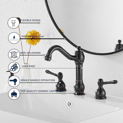 2 Handles 3 Holes Faucet Widespread Bathroom Sink Faucet Basin Tap Mixer Supply Hose Included Matching Pop Up Drain Oil Rubbed Bronze - color: Oil Rubbed Bronze, size: Widespread