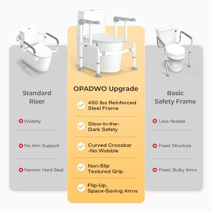 Toilet Safety Rails for Elderly & Disabled with Glow-in-the-Dark Handles, 450 lbs Heavy-Duty Frame, Flip-Up Arms, Dual Lock (Suction & Clamp), Adjustable No-Wobble Support, Grey - color: Gray