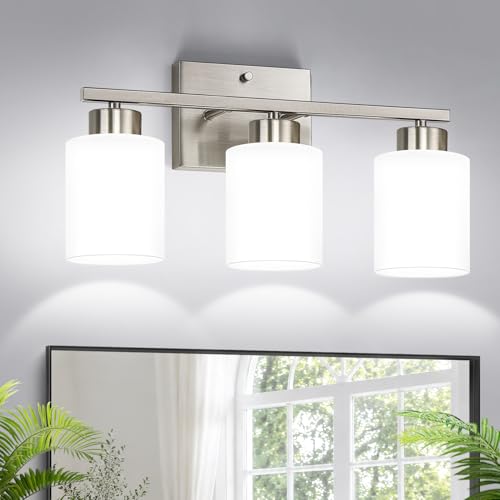 Brushed Nickel Bathroom Light Fixtures with Milk Glass Shades, Eye-Friendly 3 Light Vanity Lights for Bathroom, Vanity Lights with E26 Socket (Bulbs Not Included), for Mirror, Bedroom, Hallway - color: Brushed Nickel & Milk Glass, size: 3-light
