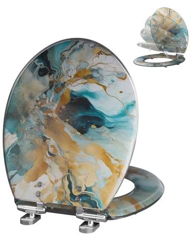 Angol Shiold ROUND Resin Soft Close Toilet Seat Marble 16.5" | Quick Release Heavy Duty Decorative Acrylic Seats Easy to Install & Clean (Modern Green Marble Art Print) - color: Green Marble