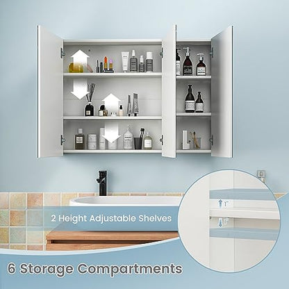 Tangkula Medicine Cabinet with Mirror, Frameless Bathroom Wall Mounted Cabinet with 3 Doors and Adjustable Shelves, Storage, Recess or Surface Mount Installation