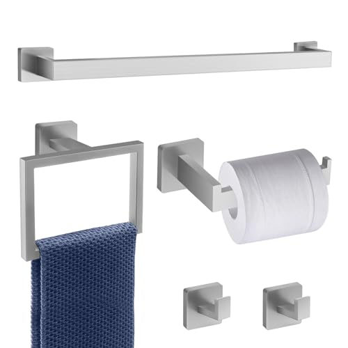 5 Piece Brushed Nickel Towel Bar Set Bathroom Hardware Set Brushed Nickel Bathroom Accessories Set with 2 Towel Hook, Stainless Steel Wall Mounted Bathroom Towel Rack Set Square 16-Inch - color: Brushed Nickel, size: 16 IN