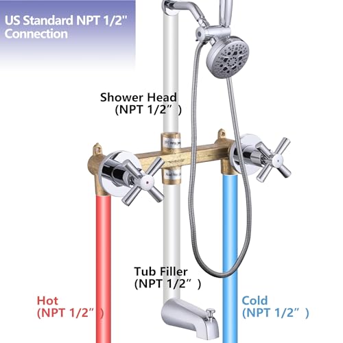 2 Handle Shower Faucet Set Tub Spout Chrome Shower Trim Kit Valve | 9 Modes Hand Shower, 7 Modes Shower Head, Dual Head Work independently /Work Together, Brass Valve, NPT 1/2" US Connection - color: Chrome, style: Style B