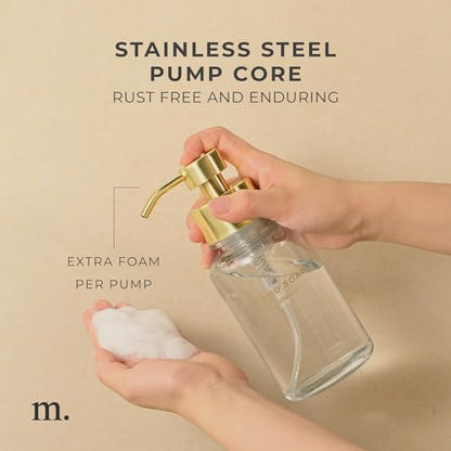 MaisoNovo Glass Foaming Hand Soap Dispenser 14 Oz | Gold Foaming Soap Dispenser Clear Bottle Gold Pump x 1 w/Labels