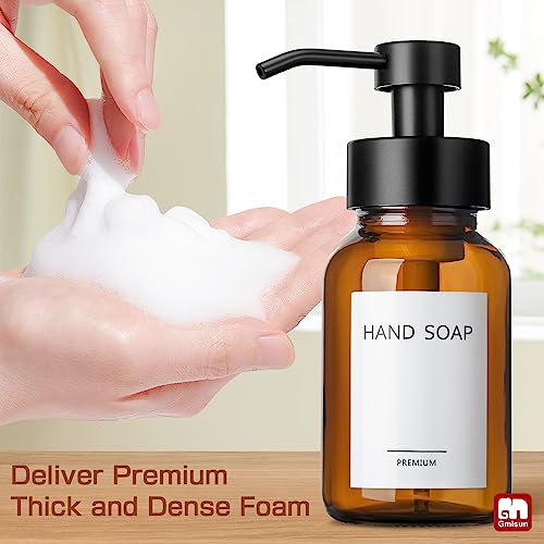 GMISUN Foaming Soap Dispenser, 8.5 fl oz / 250ml Amber Glass Foam Soap Dispenser for Bathroom & Kitchen, 2 Pack Modern Refillable Foaming Hand Soap Dispensers, Foam Pump Bottle with Waterproof Labels - color: Amber Bottle, size: 8.5 Fl oz without Silicone