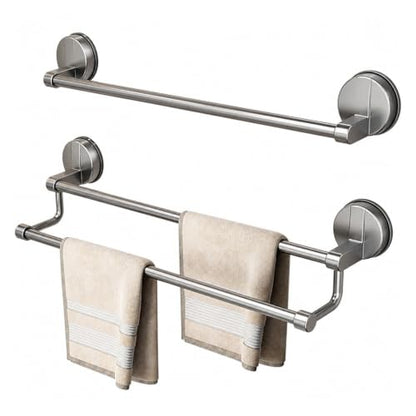 Suction Cup Bathroom Hand Towel Rack Double Bar 2 Tier | Wall Mount, No Drill, Space Aluminium, Electroplated Finish, Length Under 50 Cm(White 2 Bar 40cm) - color: White 2 Bar 40cm