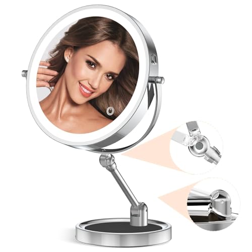 Tabletop Makeup Mirror with Built-in Vanity Tray, 9" Rechargeable 4000mAh Lighted Vanity Mirror 1X/10X Magnification, Height-Adjustable Arm, 3 Color Dimmable (9Inch Chrome) - color: 9inch Chrome