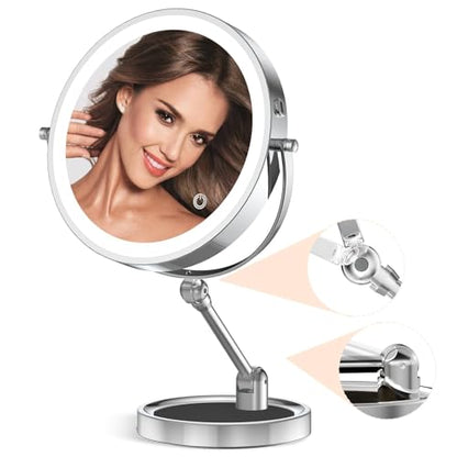 Tabletop Makeup Mirror with Built-in Vanity Tray, 9" Rechargeable 4000mAh Lighted Vanity Mirror 1X/10X Magnification, Height-Adjustable Arm, 3 Color Dimmable (9Inch Chrome) - color: 9inch Chrome