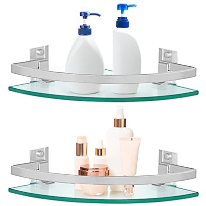2 Pcs Tempered Glass Corner Shelf with Rail & Brackets, 9.5" x 9.5" Floating Shower Caddy, Wall Mounted Shampoo Holder Organizer for Bathroom, Kitchen, Living Room