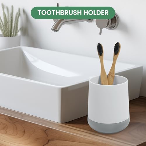 White Toothbrush Holders for bathrooms with Silicon Boot, Modern Tooth Brushing and Toothpaste Holder Cup for Bathroom Organizer (White) - color: White