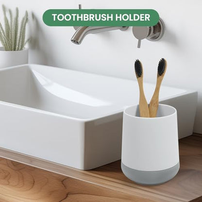 White Toothbrush Holders for bathrooms with Silicon Boot, Modern Tooth Brushing and Toothpaste Holder Cup for Bathroom Organizer (White) - color: White