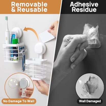 Upgraded Suction Cup Toothbrush Holder with Visible Safety Indicator, White | Heavy Duty Stainless Steel Shower Electric Tooth Brush and Toothpaste Organizers, Removable, No Drilling, Anti-Puddling - color: White Pro