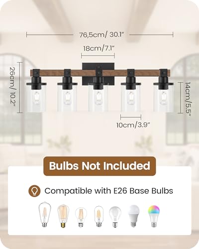 5-Light Bathroom Light Fixture, Farmhouse Vanity Lights for Bathroom with Glass Shade, Rustic Bathroom Light Fixtures, E26 Base F10BD05W1 - size: 5-Light