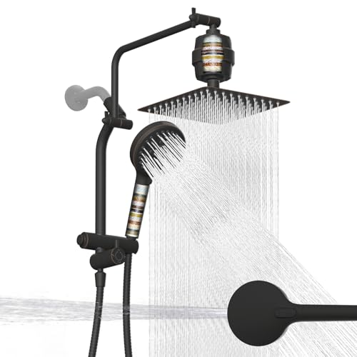 Metal 10" Filtered Rainfall Showerhead Combo, Easy Reach, Oil Rubbed Bronze | 4-Way Diverter with Pause Mode, High Pressure Shower Head with 10-Spray Handheld, 71" Hose/12" Extension Arm/Holder - color: Oil Rubbed Bronze, style: Square 10" with filter