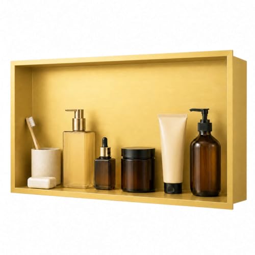 SaniteModar Stainless Steel Shower Niche Insert 16" x 28" Brushed Gold | No Tile Needed, Recessed Horizontal Bathroom Niche, Waterproof, Space-saving, Easy Setup, Built-in Storage for Bathroom - color: Brushed Gold, size: 16" x 28"