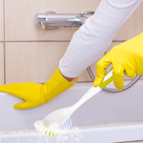 Dish Brush with Handle, Stiff Bristles Dish Scrubber for Pots, Pans & Sink Cleaning, 3 Pack - color: Yellow 3 Pack