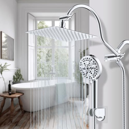 Hibbent All Metal CUPC Certified Shower Head, 10'' High Pressure Rainfall Shower Head, Handheld Showerhead Combo, 12'' Adjustable Extension Arm, 10 Sprays, 71'' Shower Hose, Showerhead Holder, Chrome - color: Chrome, style: Square 10''