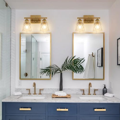 Mecgirn Stainless Steel Bathroom Vanity Light Over Mirror, 2 Light Brushed Gold Bathroom Light Fixtures with Textured Glass Shades, Modern Vanity Lighting Wall Mount - color: Brushed Gold, size: 2 Light