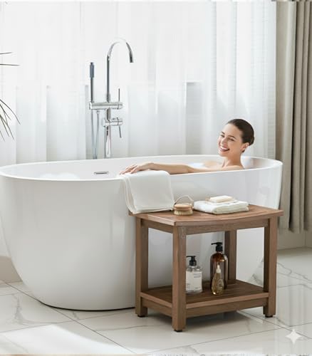 Heavy Duty HDPS Shower Bench Seat Waterproof Shower Stool with Storage | Bath Chair Seat with Adjustable Feet, Anti-Rotting, No-Slip, Space-Save, No Maintenance, 700LBS Load Capacity, Brown - color: Brown, size: L (21.3*14*17.3'')