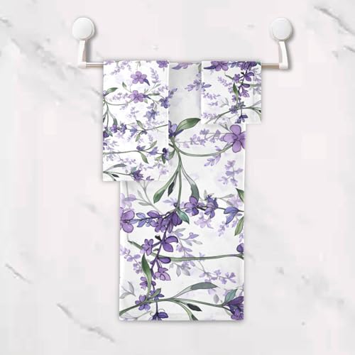 ALAZA Towel Bathroom Sets, Purple Violet Lavender Floral Flowers Towels 3-Piece 1 Bath Towel 1 Washcloth 1 Hand Towel, Bath Towel Set of 3 Soft Multifuntion for Home Kitchen Hotel Gym Swim Spa - color: Multi10