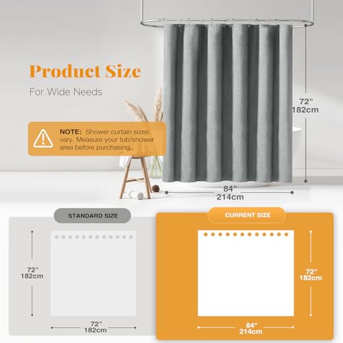 BTTN 84x72 Wide Linen Textured Waterproof Cloth Shower Curtain, Grey/Gray | Wide Size, 230GSM Polyester, Heavy Duty Fabric, Weighted Hem, 14 Plastic Hooks, Modern Luxury Hotel Style, Machine Washable - color: Grey, size: 84"W x 72"L (Pack of 1)