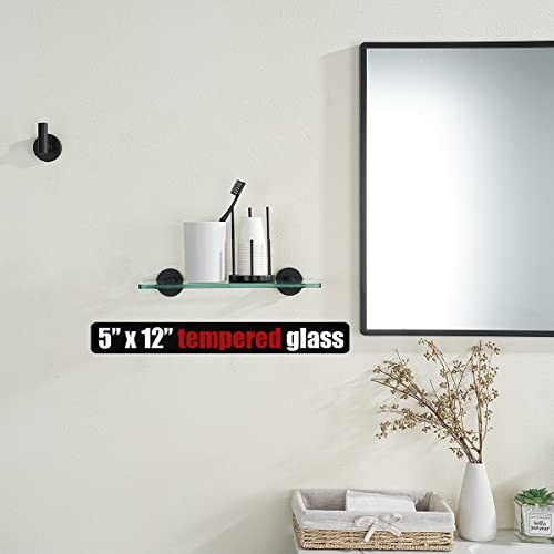 JQK Bathroom Glass Shelf Black, Tempered Glass Shower Storage 12 by 5 inches, 304 Stainless Steel Matte Black Wall Mount, TGS101L12-PB - color: Black, size: 12 Inch (1 Pack)