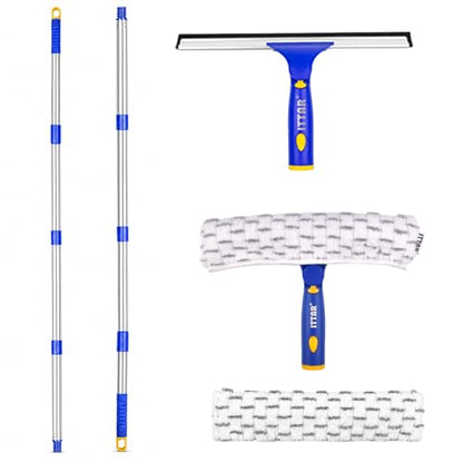Window Squeegee with 2 Sets Separate Pole, 12" Rubber Squeegee and 11" Microfiber Pads, 60"-73.6" Telescopic Window Cleaning Kit with Rotating Head for High Windows, Shower Glass, Car Windshield - color: White&blue