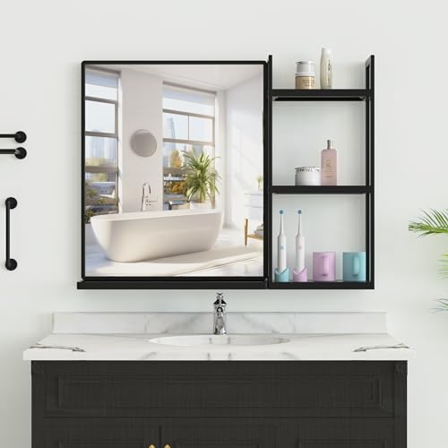 Bathroom Mirror with Shelf 31" x 24" Wall Mirror with Storage | Black Metal Framed Bathroom Vanity Mirror with Storage Rectangular Wall Mounted Mirror for Over Sink Entryway Easy to Install - color: Black, size: 24.4"L x 31"W