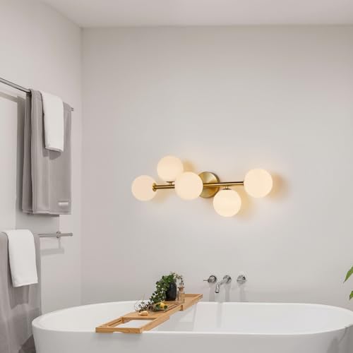 Modern Bathroom Vanity Light Fixtures,LED Brushed Gold Wall Sconce Lighting | 5 Lights Milk Glass Globe Vanity Light,Brushed Gold Bathroom Vanity Light,Dimmable Brass Mid Century Wall Sconces over Mirror - color: Gold Milk Glass, size: Integrated LED