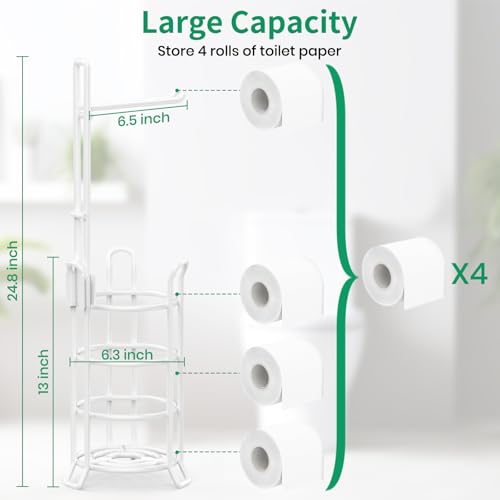 TomCare Toilet Paper Holder Stand Free Standing, Holds 4 Mega Rolls, White | Tool-Free Assembly, Detachable Metal Wire Frame, Powder-Coated Finish, Easy Storage and Flexible Bathroom Placement - color: White, size: Standard