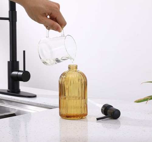 16 OZ Amber Glass Soap Dispenser, Amber Stripe Bathroom Hand Soap Dispensers with Stainless Steel Matte Black Pump,Brown Glass Kitchen Hand Soap Dispenser with Matte Black Pump - color: Matte Black +Amber, size: 1-Pack
