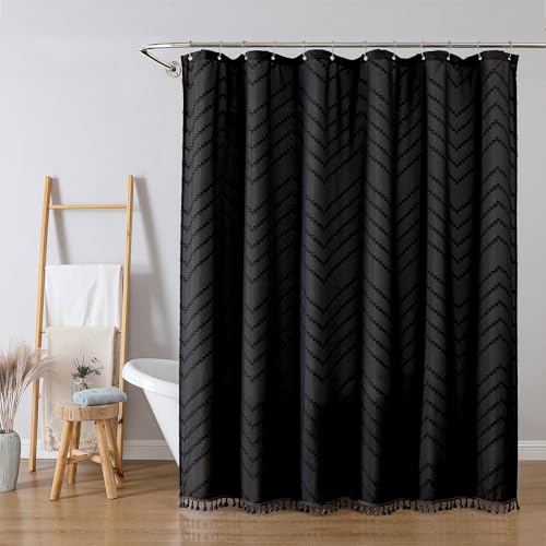 Black Fabric Shower Curtain, Boho Shower Curtains for Bathroom Chic Tufted Chevron Striped Textured with Tassel, Soft Hotel Style Farmhouse, Machine Washable, 72x78, Black - color: Black, size: 72"W x 78"L (Pack of 1)