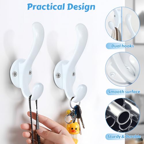 8 Pack Coat Hooks Wall Mount Heavy Duty Utility Retro Double Hooks for Hanging Coats,Hat, Towel, Key, Robe, Scarf, Bag, Cap (White) - color: 8 Pack-White