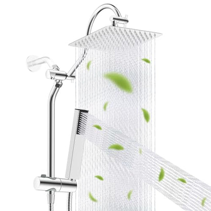 Hibbent 10'' Rainfall Shower Head with 4-mode Handheld Shower Spray, Chrome | High Pressure Showerhead Combo, 12'' Adjustable Extension Arm, Extension Bar, Easy Reach Holder, 71'' Hose - color: Chrome, style: Square 10''
